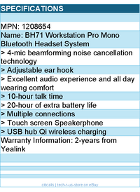 Yealink Headset 1208654 BH71 Workstation Pro Mono Bluetooth Headset System RTL