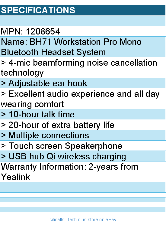Yealink Headset 1208654 BH71 Workstation Pro Mono Bluetooth Headset System RTL