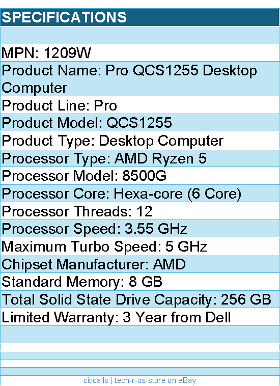 Dell 1209W Pro QCS1255 Desktop Computer - AMD Ryzen 5 8500G - Slim PC