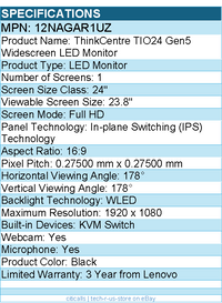 Lenovo 12NAGAR1UZ ThinkCentre TIO24 Gen5 24" Class Webcam Full HD LED Monitor