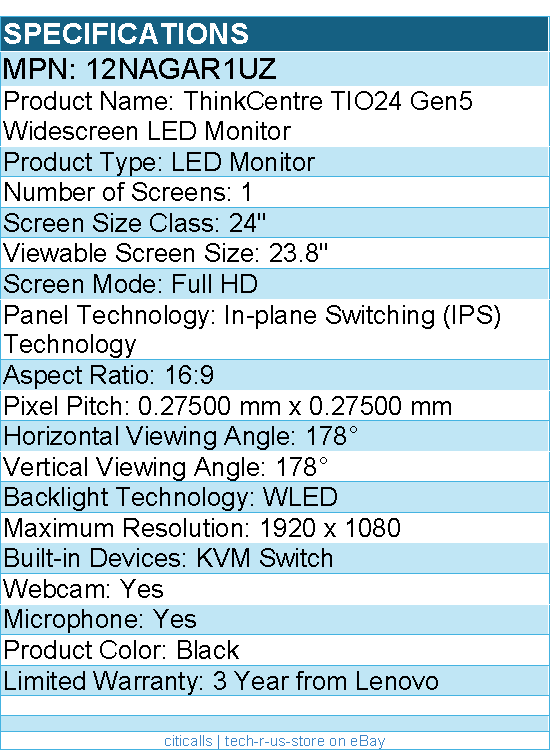 Lenovo 12NAGAR1UZ ThinkCentre TIO24 Gen5 24" Class Webcam Full HD LED Monitor