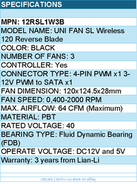 Lian-Li 12RSL1W3B Case Fan - UNI FAN SL 120 Wireless RGB 120mm Reverse Blade