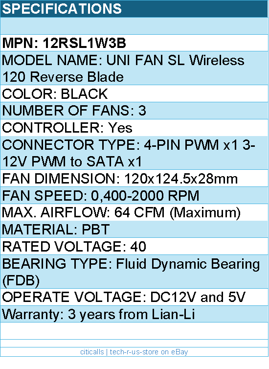 Lian-Li 12RSL1W3B Case Fan - UNI FAN SL 120 Wireless RGB 120mm Reverse Blade