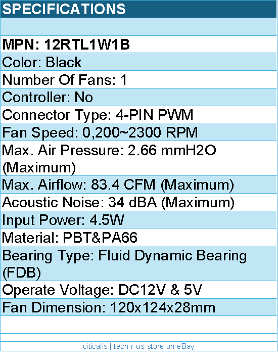 Lian-Li 12RTL1W1B Case Fan - FDB fan Black 120x120x28 mm reverse blade Retail
