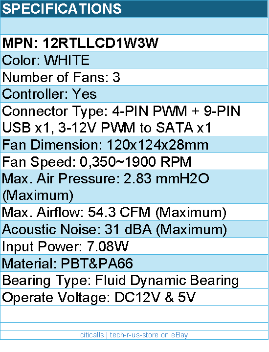 Lian-Li 12RTLLCD1W3W Case Fan - FDB fan White 120x120x28 mm 3 pcs reverse blade