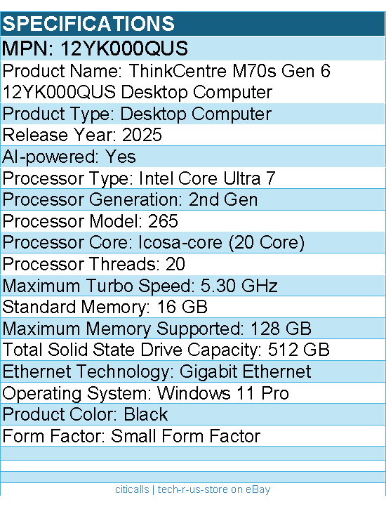 Lenovo 12YK000QUS  ThinkCentre M70s Gen 6 - Desktop Computer -Intel Core Ultra 7