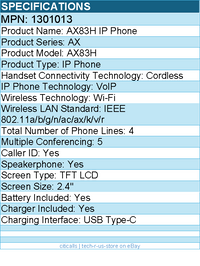 Yealink 1301013 AX83H IP Phone - Cordless - 4 x Total Line - Wi-Fi, Bluetooth