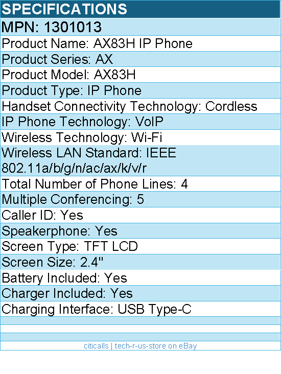 Yealink 1301013 AX83H IP Phone - Cordless - 4 x Total Line - Wi-Fi, Bluetooth