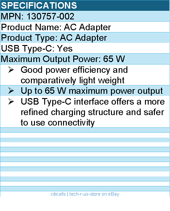 HPI 130757-002 HP AC Adapter - Up to 65 W Maximum Power Output