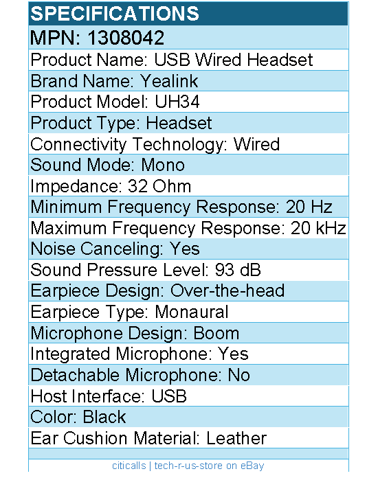 Yealink 1308042 USB Wired Headset - Mono - USB - Wired - Black