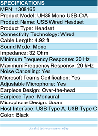 Yealink 1308165 USB Wired Headset - Mono - USB Type A, USB Type C - Wired