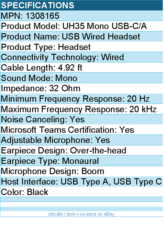 Yealink 1308165 USB Wired Headset - Mono - USB Type A, USB Type C - Wired