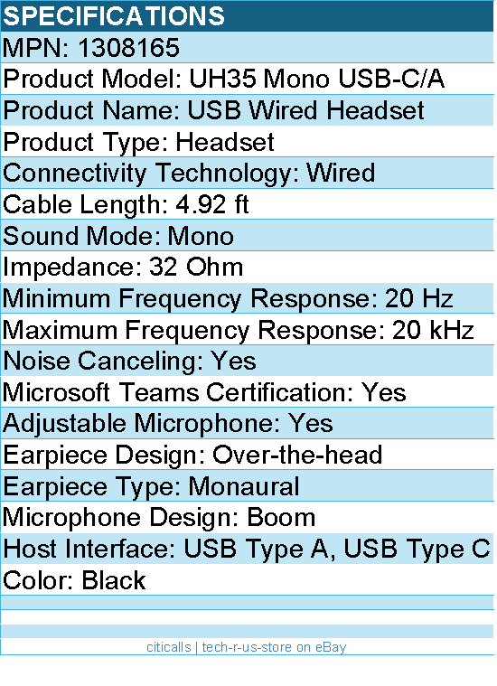 Yealink 1308165 USB Wired Headset - Mono - USB Type A, USB Type C - Wired