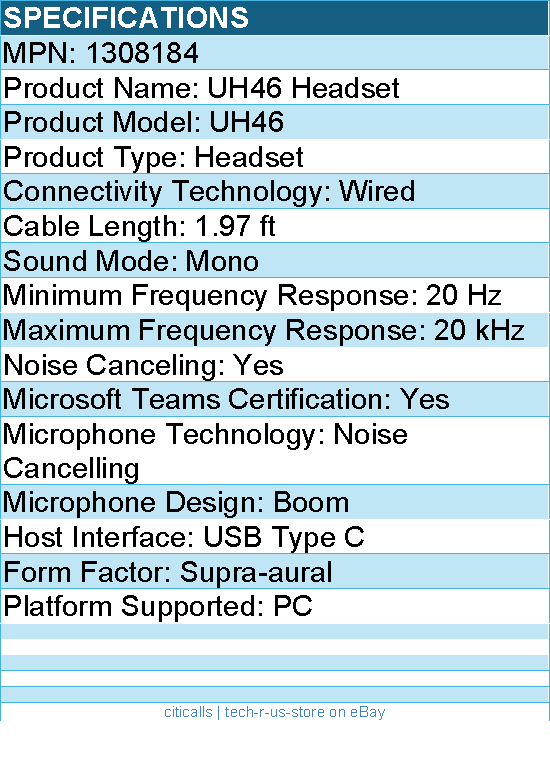 Yealink 1308184 UH46 Headset - Microsoft Teams Certification - Mono - USB Type C