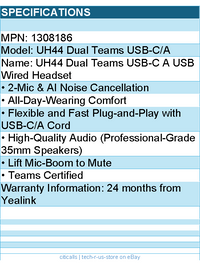 Yealink 1308186 UH44 Dual Teams USB-C A USB Wired Headset Retail