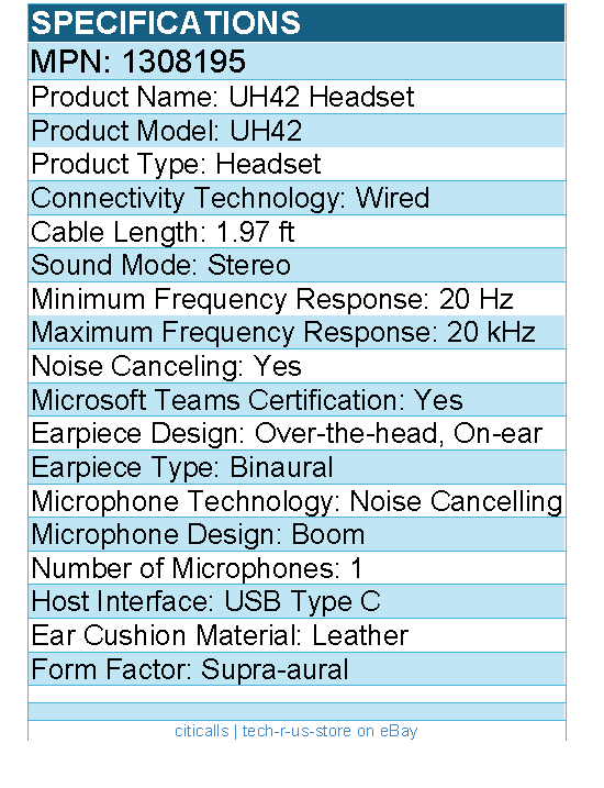 Yealink 1308195 UH42 Headset - Stereo - USB Type C - Wired - Noise Canceling