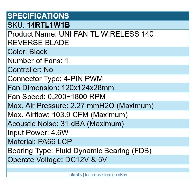 Lian Li 14RTL1W1B UNI FAN TL 2.4G Wireless Signal Mirror 140 RGB 28mm FDB Black