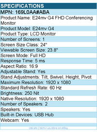 HP 169L0AA#ABA E24mv G4 24" Class Webcam Full HD LCD Monitor - 16:9