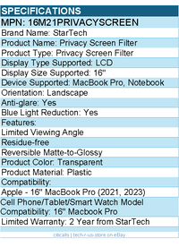 StarTech 16M21PRIVACYSCREEN 16-inch MacBook Pro 21/23 Laptop Privacy Screen