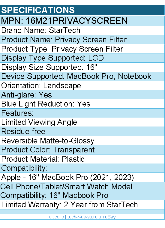 StarTech 16M21PRIVACYSCREEN 16-inch MacBook Pro 21/23 Laptop Privacy Screen