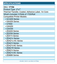 Zebra 17154 8/Pk 2"x1" Thermal Transfer PolyProp 3000 Adh Label White 1720/Roll