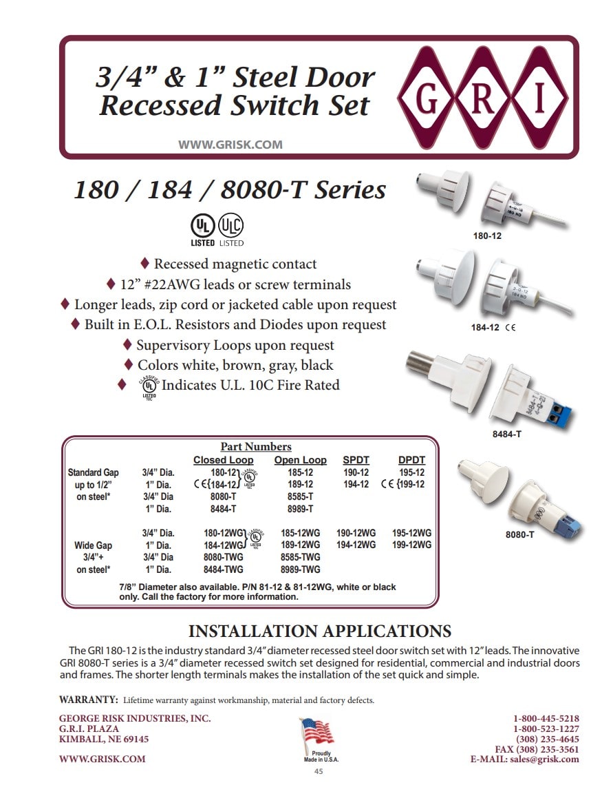 GRI 184-12-G 10 PACK Steel Door Recessed Switch Set, 1/2" Gap Closed Loop, Gray