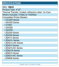 Zebra 18932 4/Pk 4"x2" Thermal Trans PolyProp 3000T Adh Label White 1100/Roll