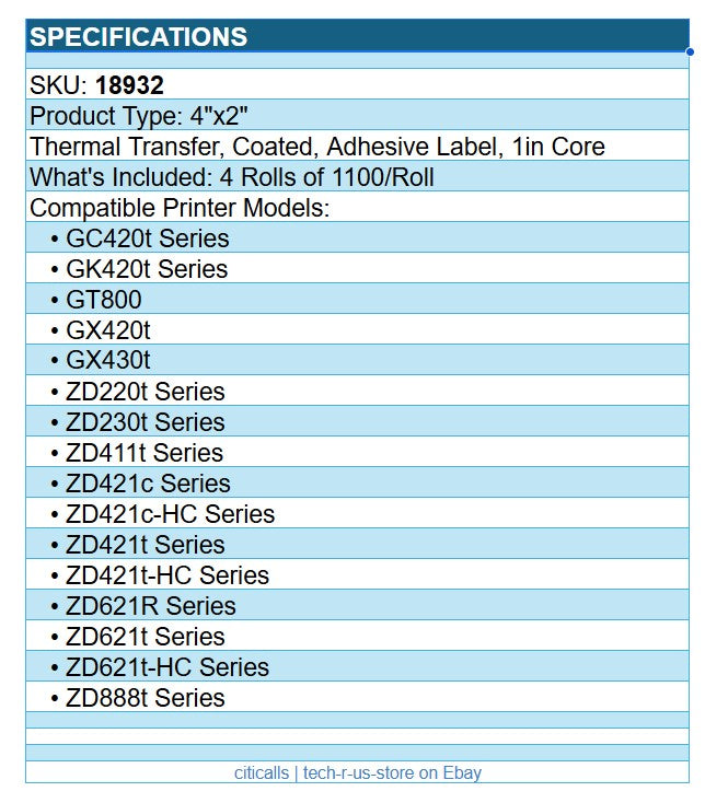 Zebra 18932 4/Pk 4"x2" Thermal Trans PolyProp 3000T Adh Label White 1100/Roll