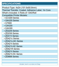 Zebra 18950 4/Pk 4"x2" Thermal Trans Polyester 3000T Adh Label White 1340/Roll
