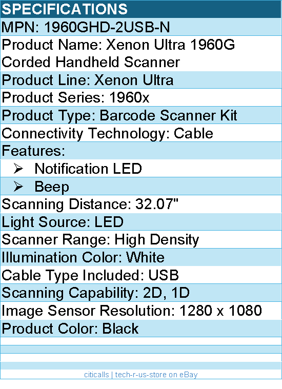 Honeywell 1960GHD-2USB-N Xenon Ultra 1960G Corded Handheld Scanner - Cable