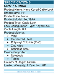HP 1AJ39AA Nano Keyed Cable Lock - 6 ft Cable - For Notebook, Tablet