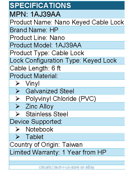 HP 1AJ39AA Nano Keyed Cable Lock - 6 ft Cable - For Notebook, Tablet