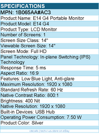 HP 1B065AA#AC3 E14 G4 14" Class Full HD LCD Portable Monitor - 16:9 - Silver
