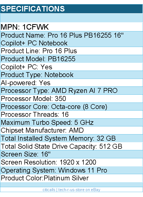 Dell 1CFWK Pro 16 Plus PB16255 16" Copilot+ PC Notebook - Full HD Plus