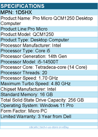 Dell 1D5HX Pro Micro QCM1250 Desktop Computer - Intel Core i5 14th Gen
