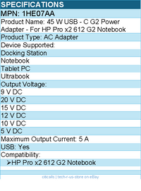 HPI 1HE07AA 45 W USB - C G2 Power Adapter - For HP Pro x2 612 G2 Notebook