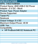 HPI 1HE07AA#ABA 45W USB-C G2 Power Adapter - 5 V DC - Black