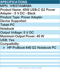 HPI 1HE07AA#ABA 45W USB-C G2 Power Adapter - 5 V DC - Black