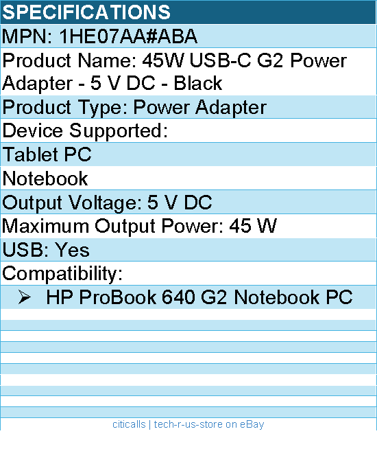 HPI 1HE07AA#ABA 45W USB-C G2 Power Adapter - 5 V DC - Black