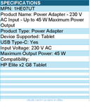 HPI 1HE07UT Power Adapter - 230 V AC Input - Up to 45 W Maximum Power Output