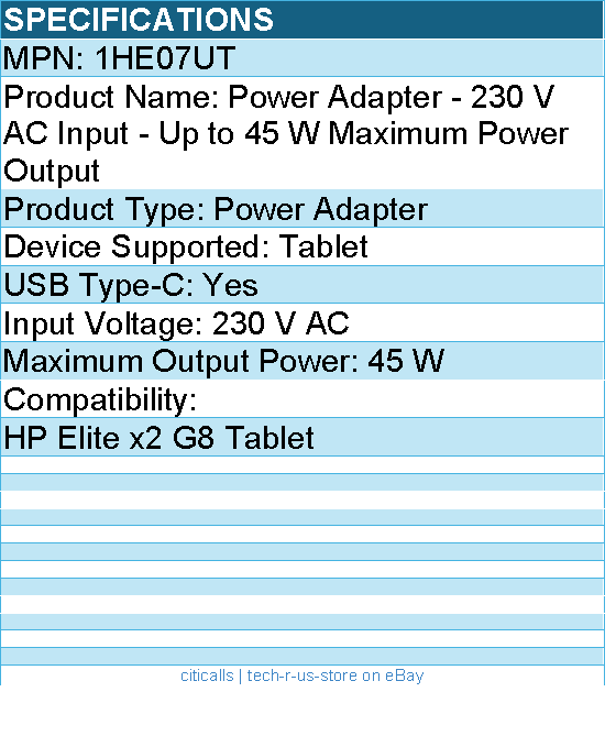 HPI 1HE07UT Power Adapter - 230 V AC Input - Up to 45 W Maximum Power Output
