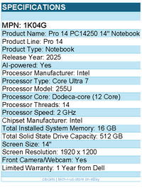 Dell 1K04G Pro 14 PC14250 14" Notebook - Full HD Plus - 60 Hz