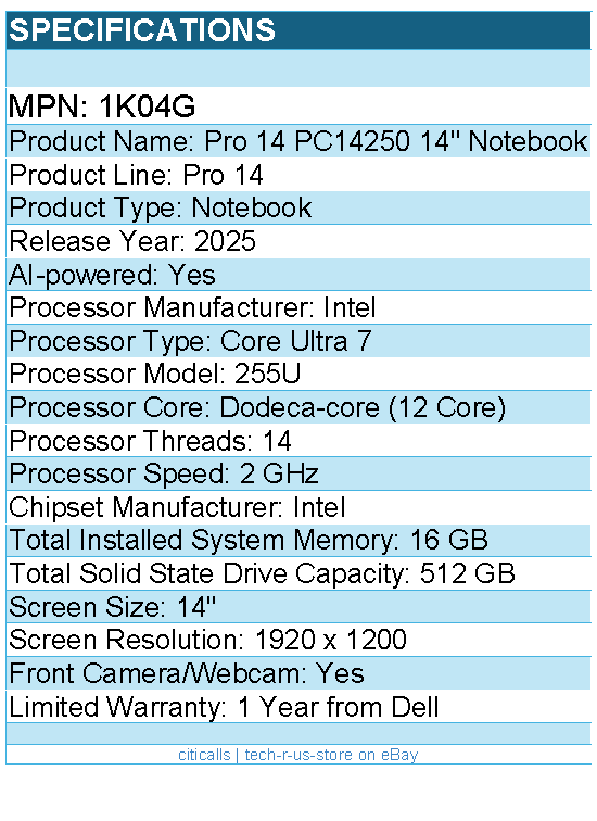 Dell 1K04G Pro 14 PC14250 14" Notebook - Full HD Plus - 60 Hz