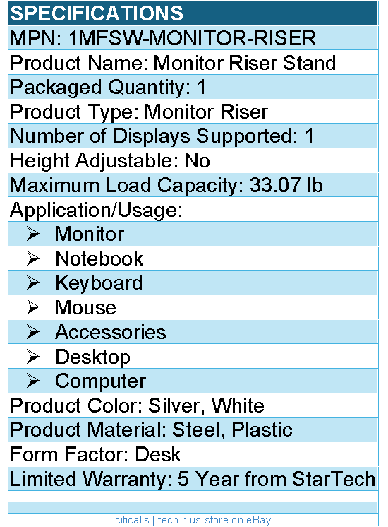 StarTech 1MFSW-MONITOR-RISER Ergonomic Monitor Riser Stand, Up to 33lb/15kg