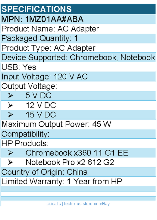HP 1MZ01AA#ABA AC Adapter - 45 W - 120 V AC Input - 5 V DC, 12 V DC, 15 V DC Out