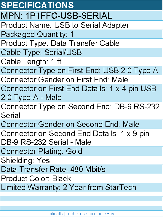 StarTech 1P1FFC-USB-SERIAL 1ft (30cm) USB to Serial Adapter Cable, COM Retention