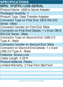 StarTech 1P3FPC-USB-SERIAL 3ft (1m) USB to Serial Cable with COM Port Retention