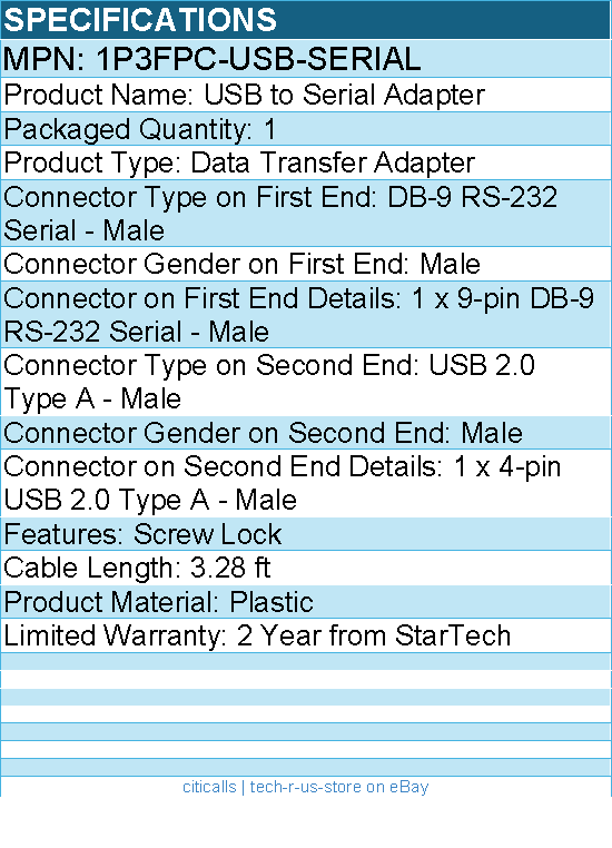 StarTech 1P3FPC-USB-SERIAL 3ft (1m) USB to Serial Cable with COM Port Retention