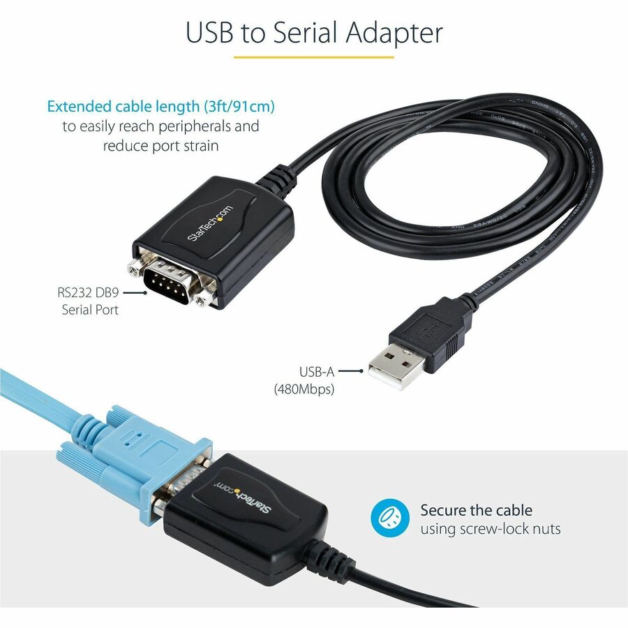 StarTech 1P3FPC-USB-SERIAL 3ft (1m) USB to Serial Cable with COM Port Retention
