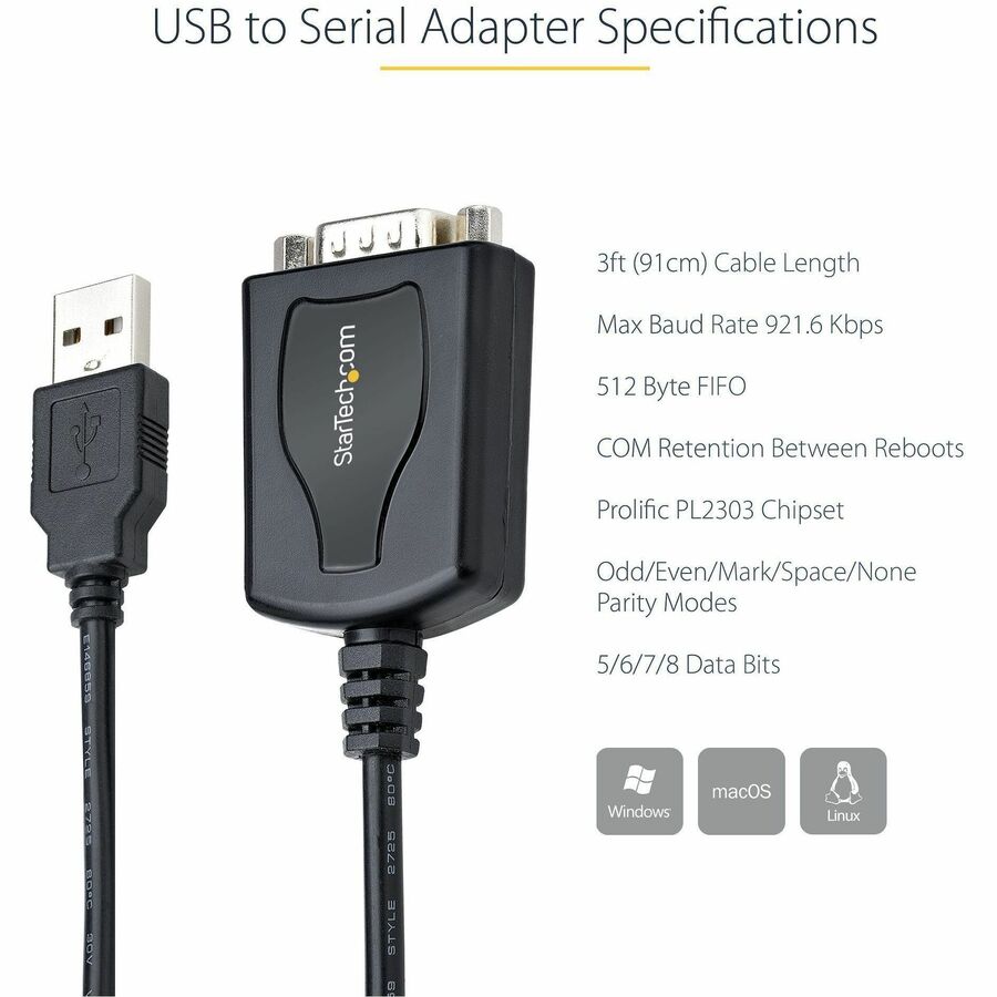 StarTech 1P3FPC-USB-SERIAL 3ft (1m) USB to Serial Cable with COM Port Retention